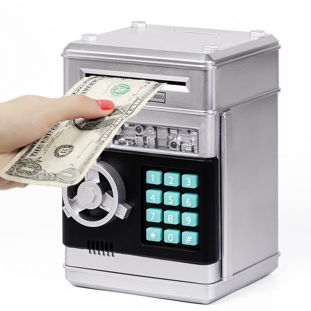 Caja fuerte infantil Piggy Bank Refasy para niñas con contraseña ATM plateada