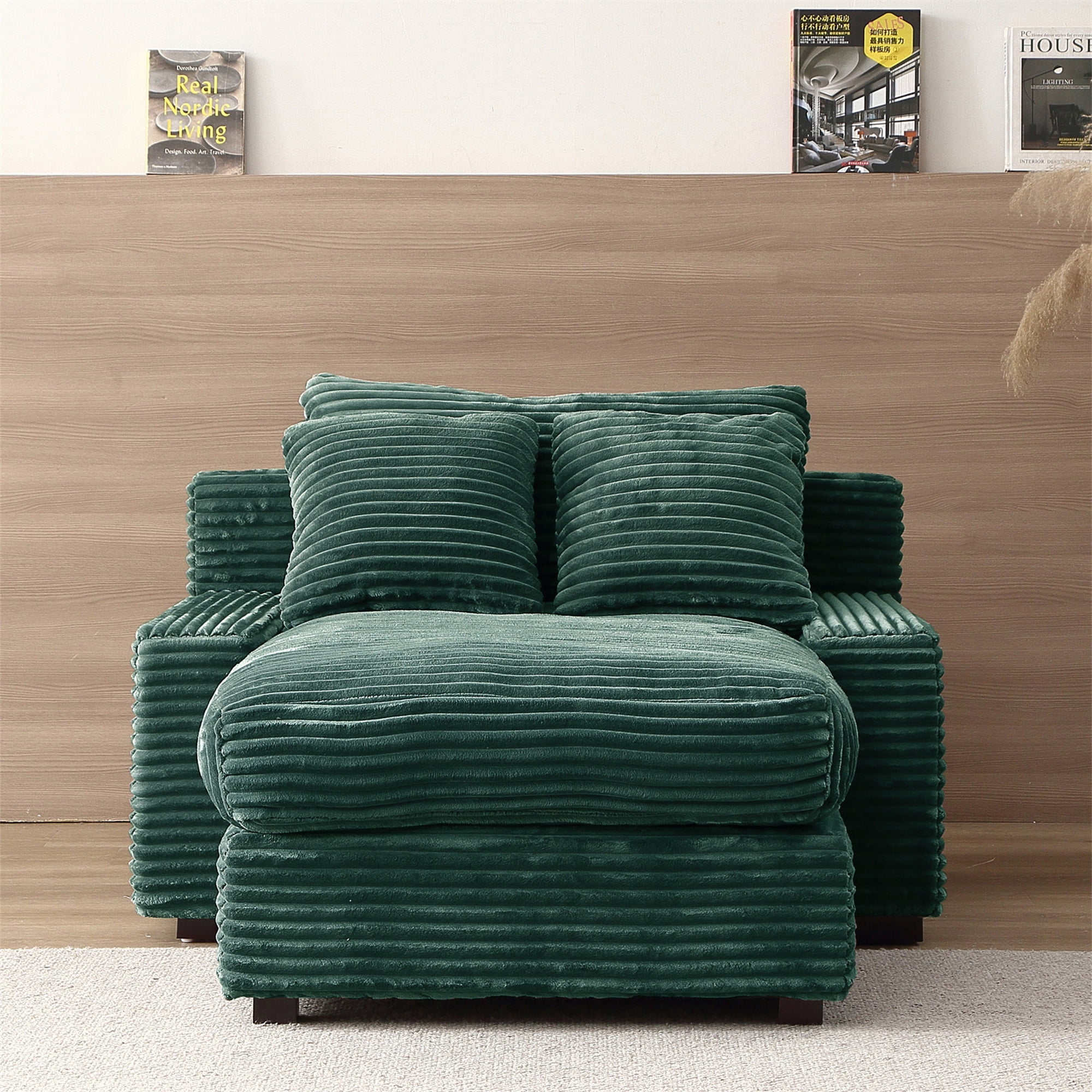 Aukfa 49" Chaise Lounge Oversized Corduroy Sofa Plush Chair Bed w/ 3 Pillows for Living Room, Green