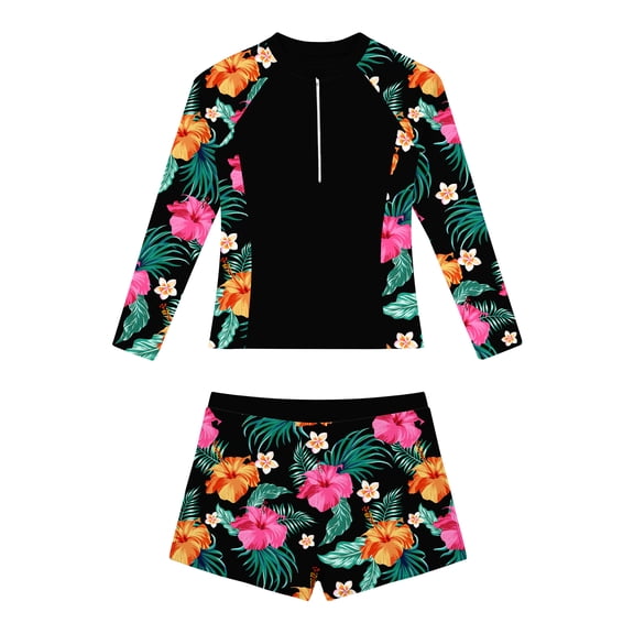 Lanbubble Girl Swimsuit for Teens 2 Piece Long Sleeve Rash Guard Bathing Suits Padded Girls Swimwear 11-16Y
