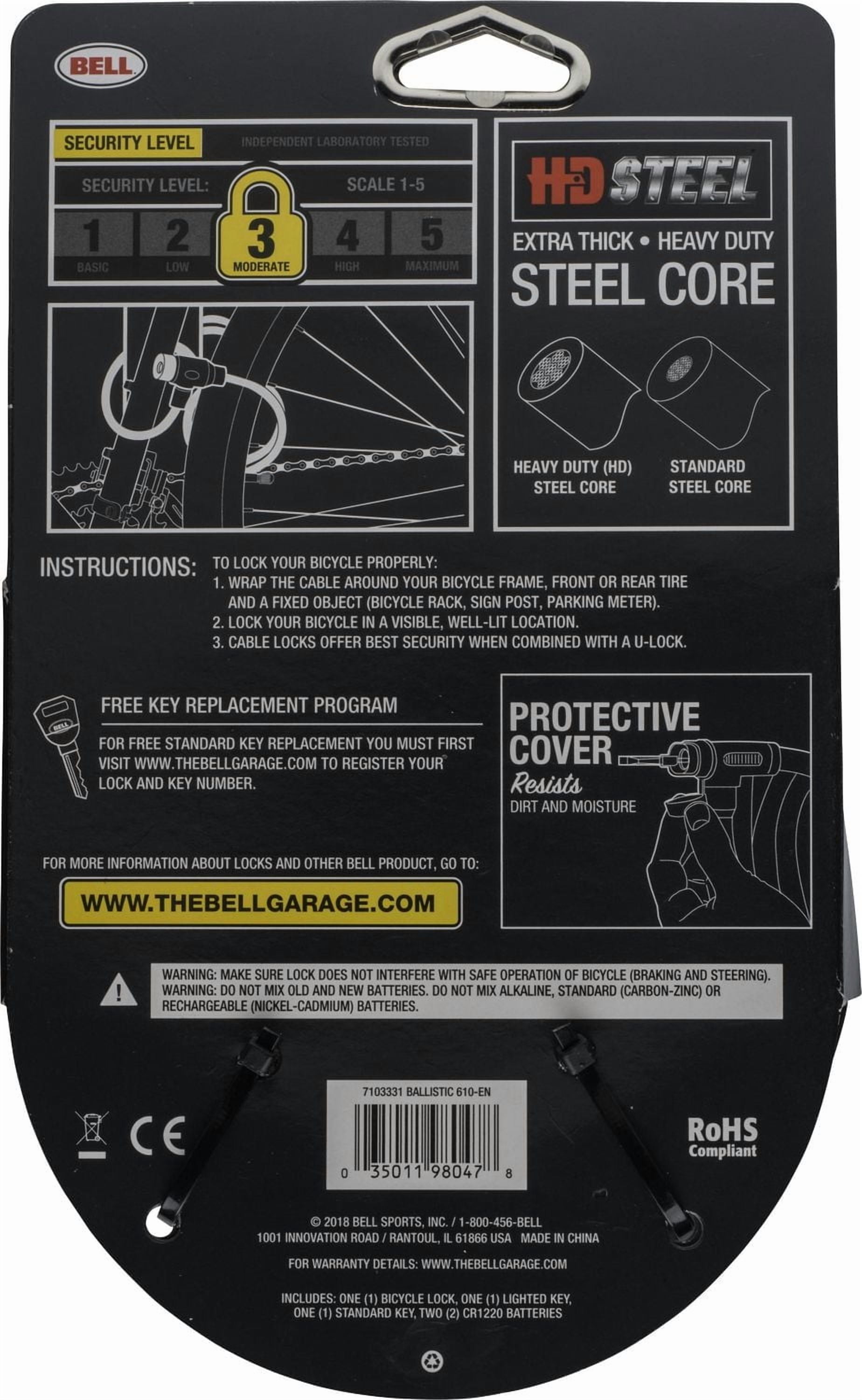 Bell Sports Ballistic 610 Key Cable Bike Lock, 12 mm x 5 ft. steel cable