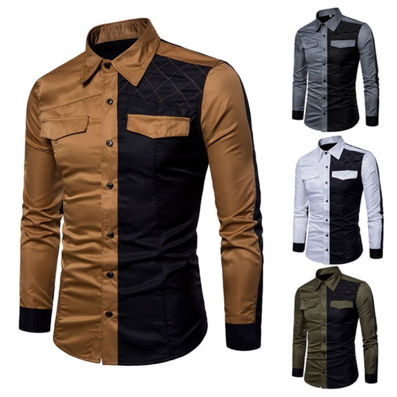 KeShDi Mens Dress Shirts Mens Slim and Fashionable Color Blocking Collar Long Sleeved Shirt Blue L