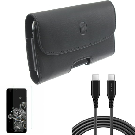 Screen Protector w 6ft Long USB-C Cable w Case Belt Clip for Samsung Galaxy S20 Ultra - Tempered Glass [Fingerprint Unlock] 3D Curved Edge, PD Fast Charger Cord Power Wire fits Galaxy S20 Ultra