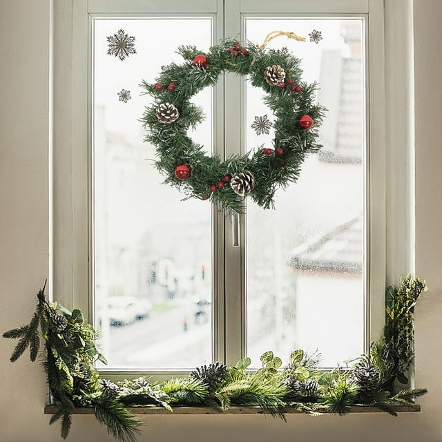 Fiudx Corona Navideña Hecha a Mano con Diseño Multicolor, Arándanos y Piñas Realistas, Decoración Navideña para Interiores y Exteriores, Fácil de Colgar, para Puerta de Entrada y Ventana, 30 X 30 X 5