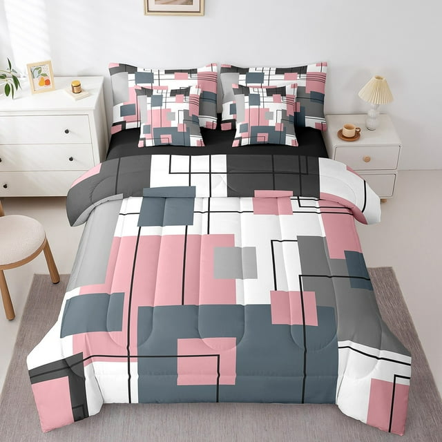 YST 7-Piece Geometric Square Comforter Set, King, Black White Grey Pink, Modern Abstract Lines, Ultra Soft