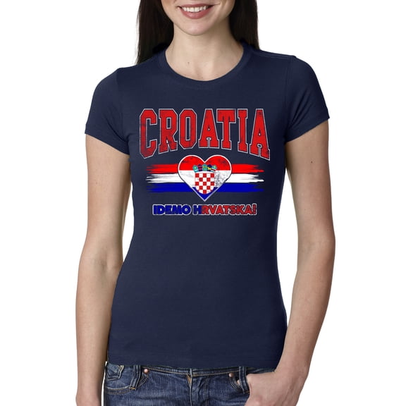 Wild Bobby Croatia Flag Heart Idemo Hrvatska Graphic | Women's Novelty T-Shirt | Soccer Football Fan Game Day Gift for Her Women Slim Fit Junior Tee