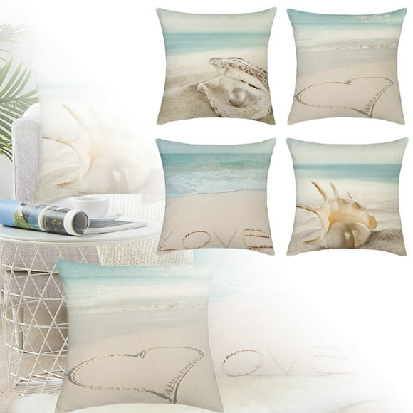 Beach Scenery Pattern 4pc Pillow Decoration Set 45x45cm Linen Sofa Pillow Cushion Cover Silk Pillowcase Set Silk Pillowcase without Zipper Zipper Pillowcase Standard Pillowcase Zipper Still Pillowcase