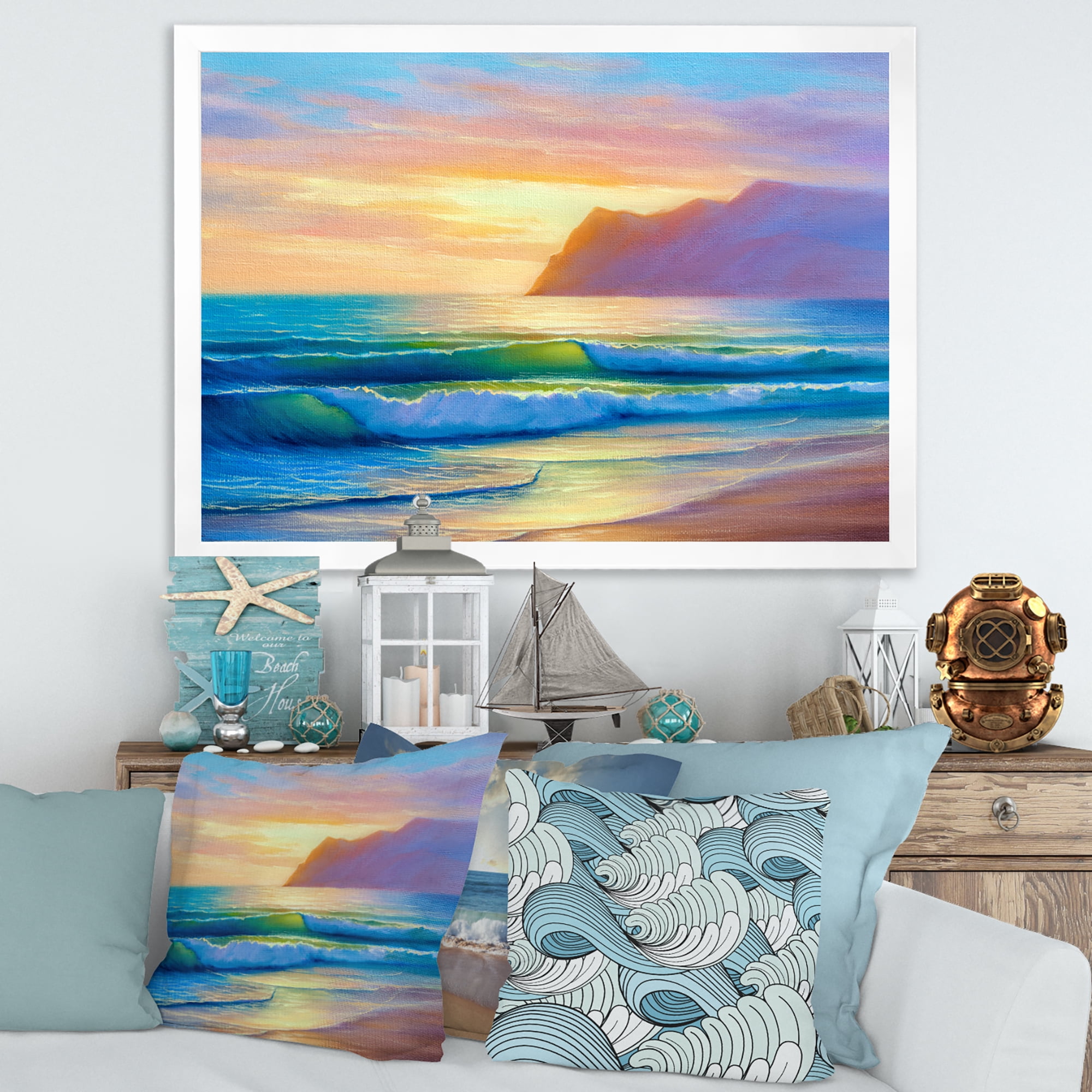 Designart 'Sunrise Glow On The Sea Waves IV' Nautical & Coastal Framed Art Print