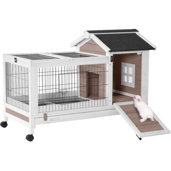 Aivituvin Rabbit Hutch Indoor Bunny Cage Outdoor Bunny House with Wire Floor Leakproof Plastic Tray, Brown