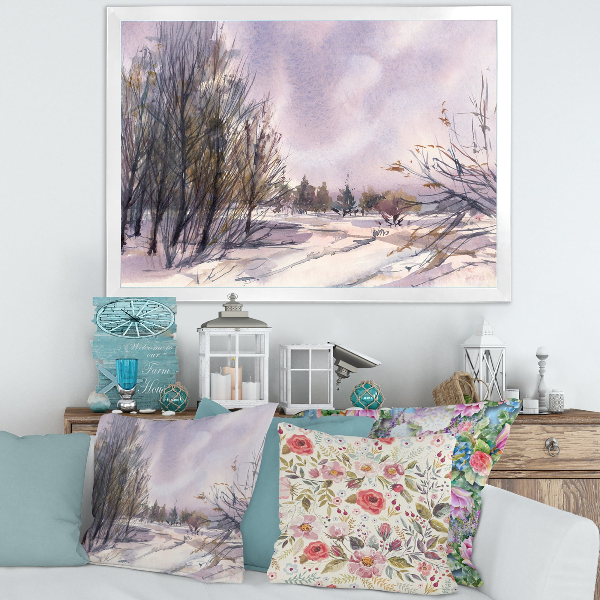 Designart 'Purple Snowy Tones With Winter Landscape' Traditional Framed Art Print