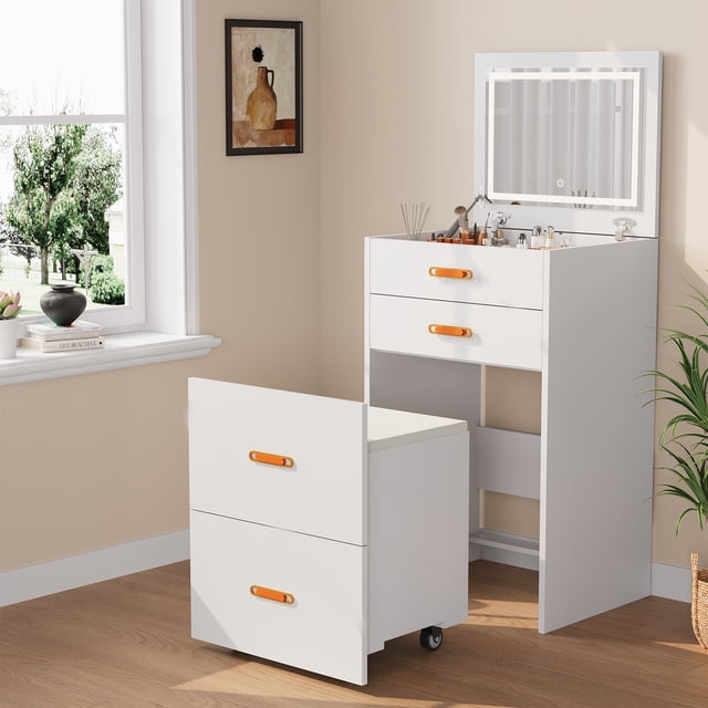 Coiffeuse 3-en-1 avec Miroir DEL – Éclairage Réglable – Chaise de Rangement à Roulettes – Table de Maquillage Gain de Place pour Chambre, Appartement, Dortoir – Couleur : Blanc
