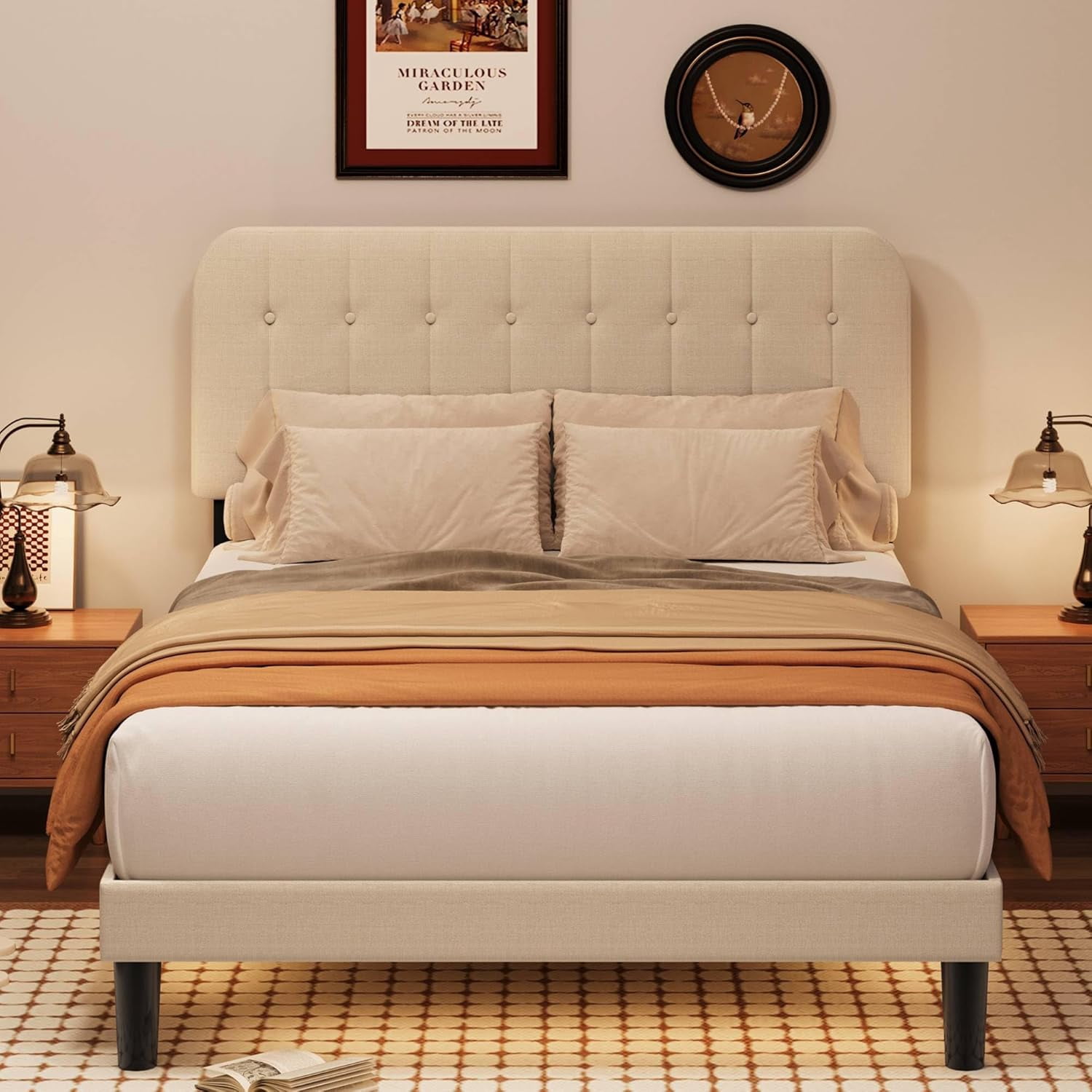 Lofka Queen Bed Frame with Upholstered Headboard - Beige Fabric, Modern Bedroom Furniture