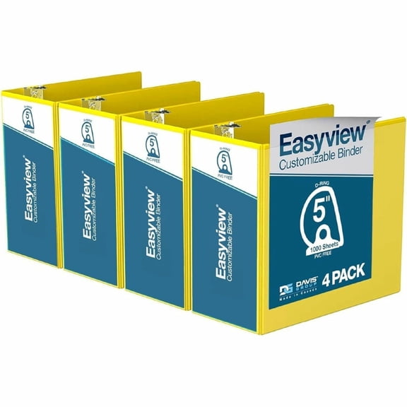 Davis Group Easyview Premium, Angle D Ring, Customizable, View Binder, 4 Pack (Yellow, 5")