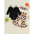 thumbnail image 5 of Aojekbee 3-Pieces Baby Girls Halloween Set Long Sleeve Boat Neck Bow Cami Romper Witch Pumpkin Print Flare Pants Hair Band Outfits, 5 of 10