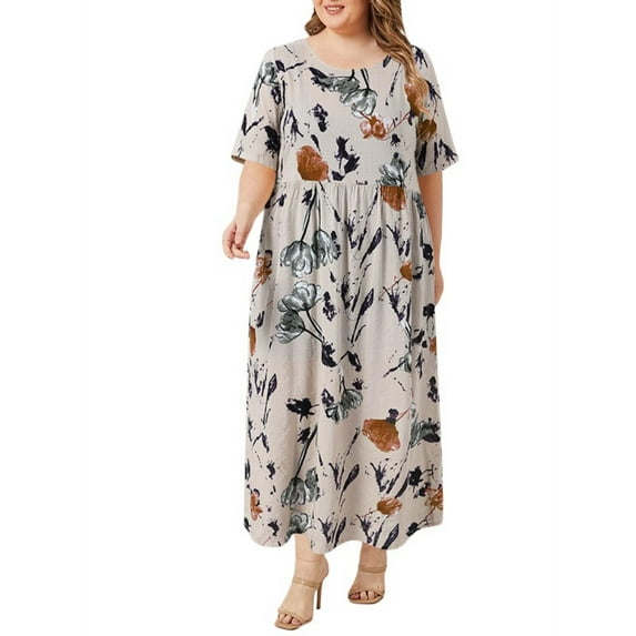 ZANZEA Women Crew Neck Short Sleeve Floral Printe Swing Long Maxi Dress FZH