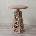 thumbnail image 5 of COZAYH Rustic Farmhouse Wooden End Table, Distressed Round Accent Table with Intricate Carved Floral Patterns, Boho, for Living Room, Bedroom, or Entryway, Distressed Wood Color, 5 of 5