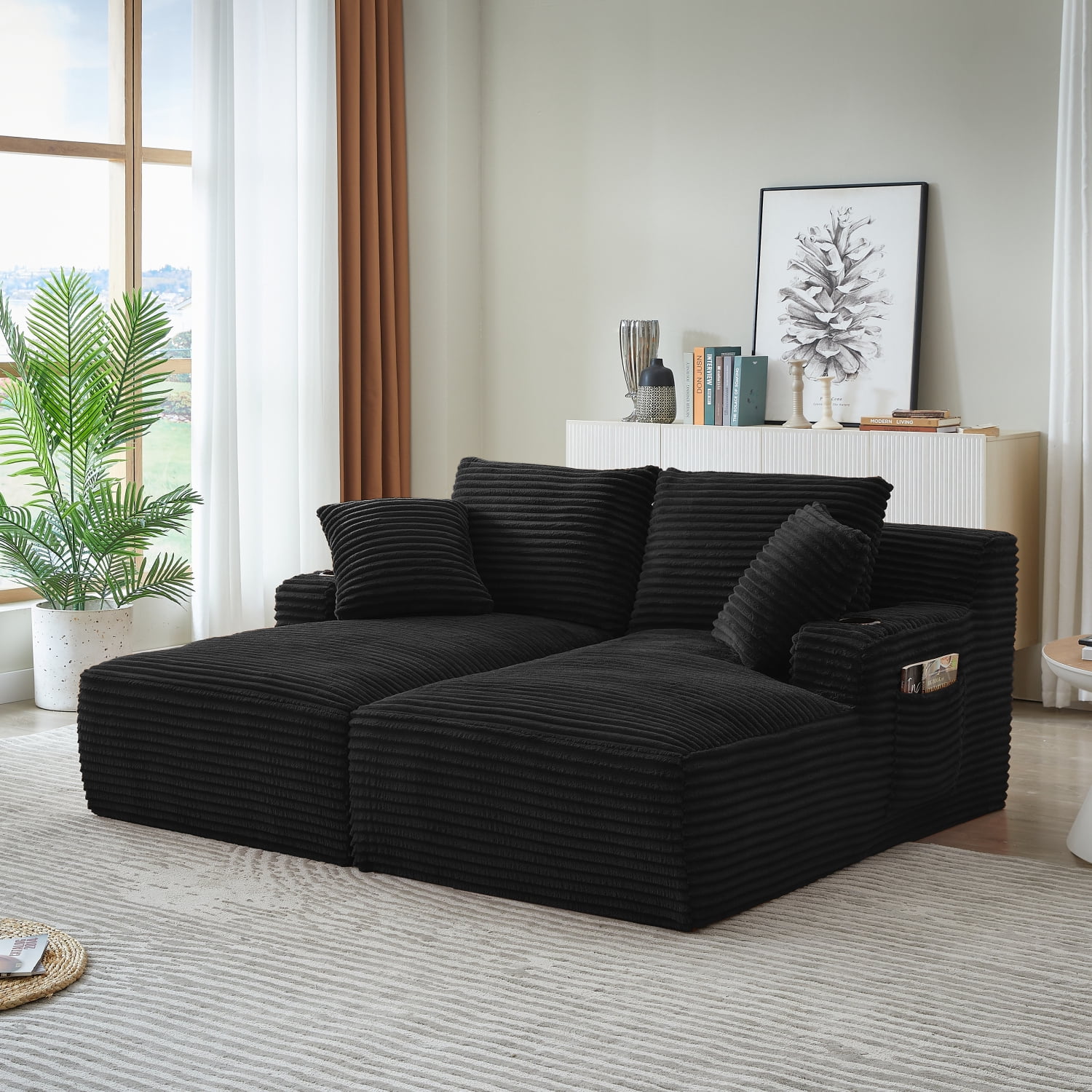 Lisonu Black Corduroy Double Chaise Sleeper Loveseat with Cupholders — No Assembly, Compressed Expandable Sofa with Spring Padding, Plush Modern Fluffy 2-Seat for Living Room & Bedroom