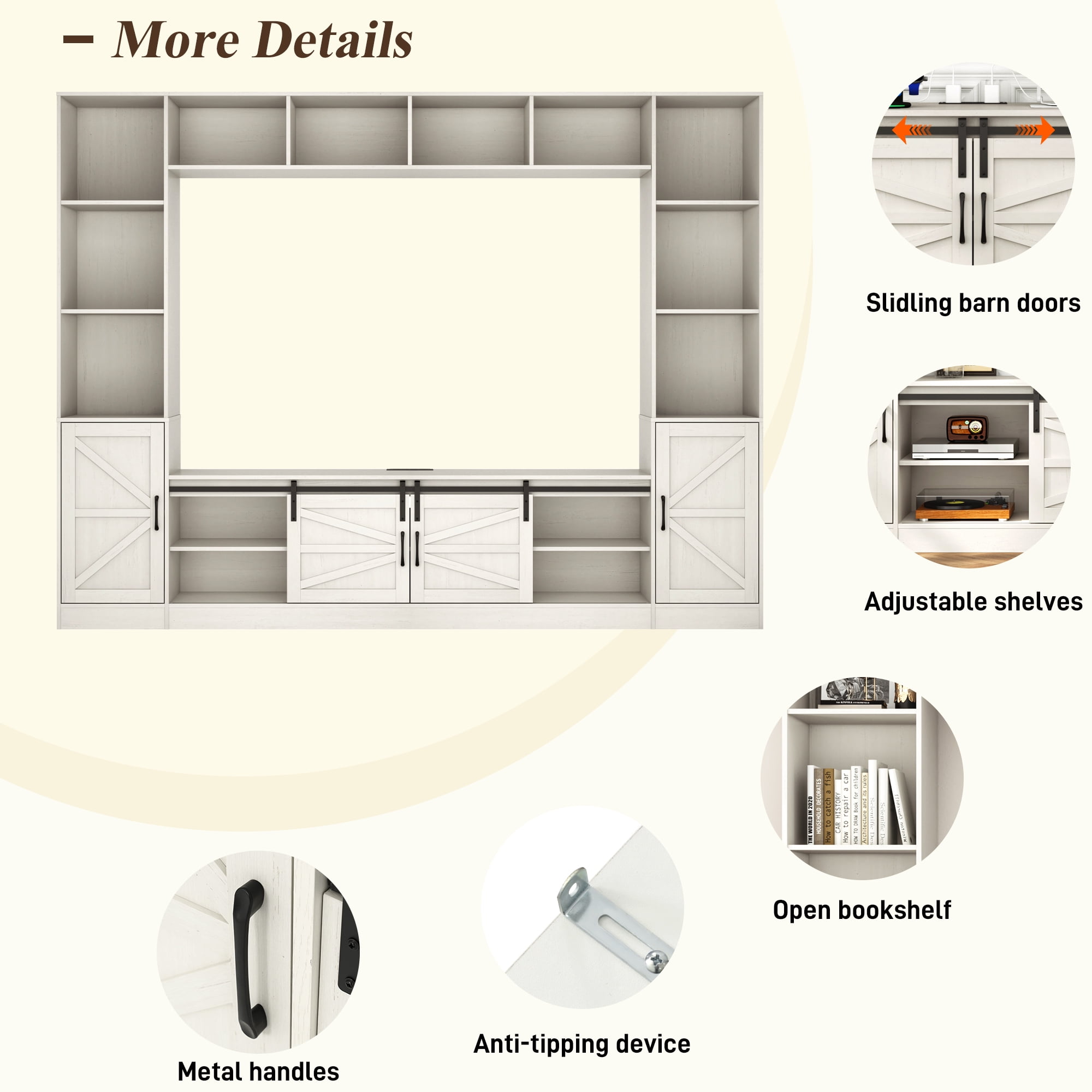 ChVans 103" Rustic TV Farmhouse Wall Unit Entertainment Center for TVs up to 80", Large Wall Unit TV Stand with Bookshelves, Charging Station & Sliding Barn Door Cabinets, White