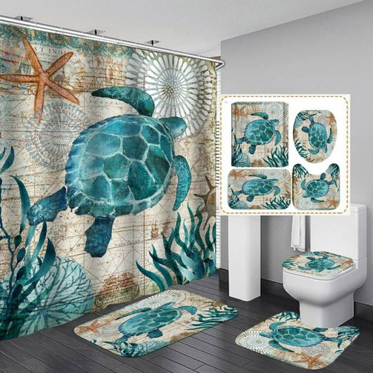 4 Piece Sea Turtles Shower Curtain Sets with Non-Slip Rug,Toilet Lid Cover, Bath Mat,Hooks,Nautical Green Sea Beach Decor Waterproof Shower Curtains  for Bathroom Accessory Rug Sets 70.8 Long (E) 