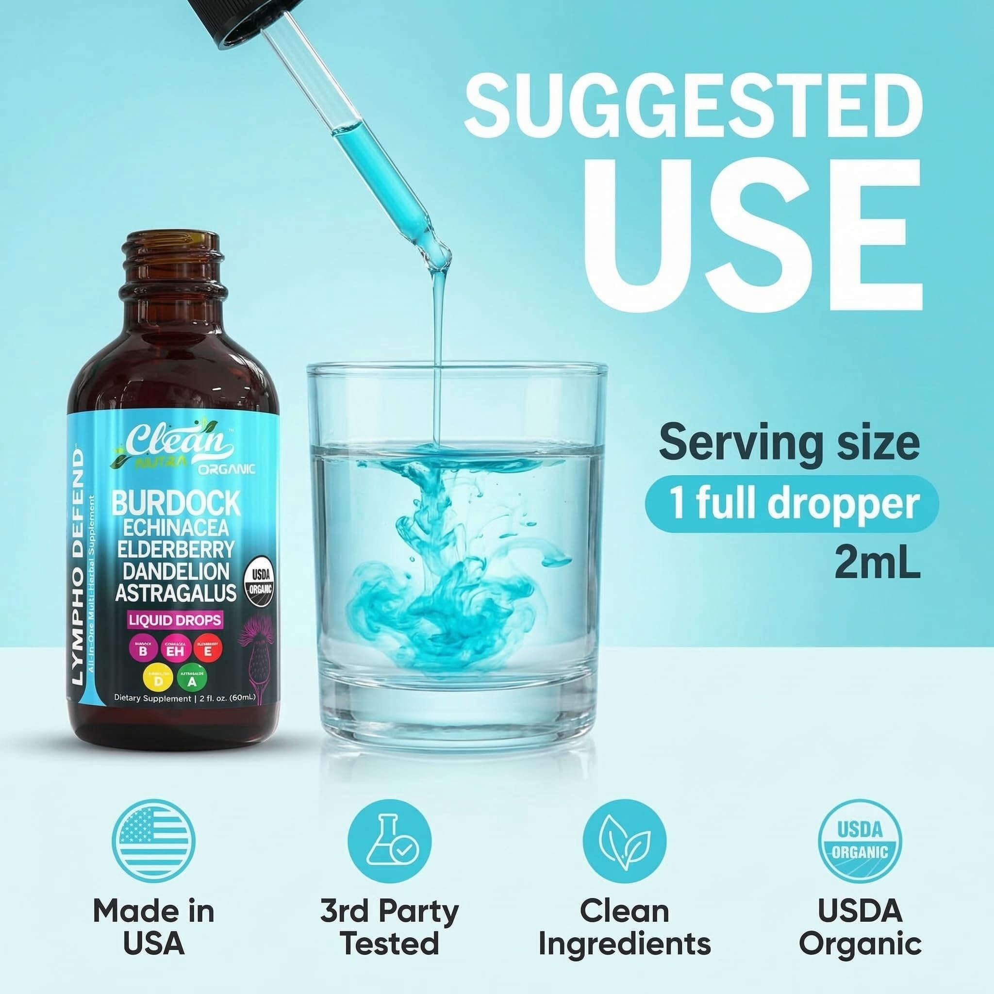 Organic Lymphatic Drainage Supplement | Lymphatic Support Drops | Burdock Root Echinacea Elderberry Dandelion Astragalus Milk Thistle Sea Moss Red Clover Cleanse Marigold Drop By Clean Nutra