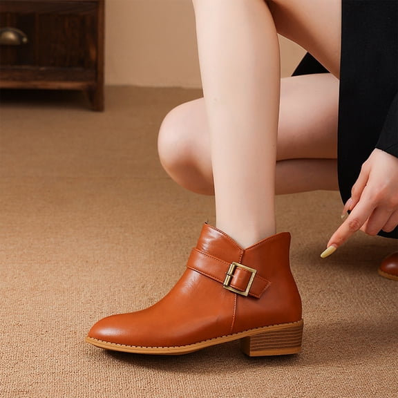 Willtoo Women Round Toe Metal Buckle Ankle Boots Low Block Heel Side Zipper Short Booties Smooth Faux Leather Fashion Chelsea Boots