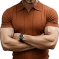 thumbnail image 4 of Men's Knit Ribbed Short Sleeve Open V-Neck Collared Polo Shirt, Casual Slim Fit Top, Breathable Textured Knitwear for Smart Casual Style and Everyday Wear Orange M, 4 of 5