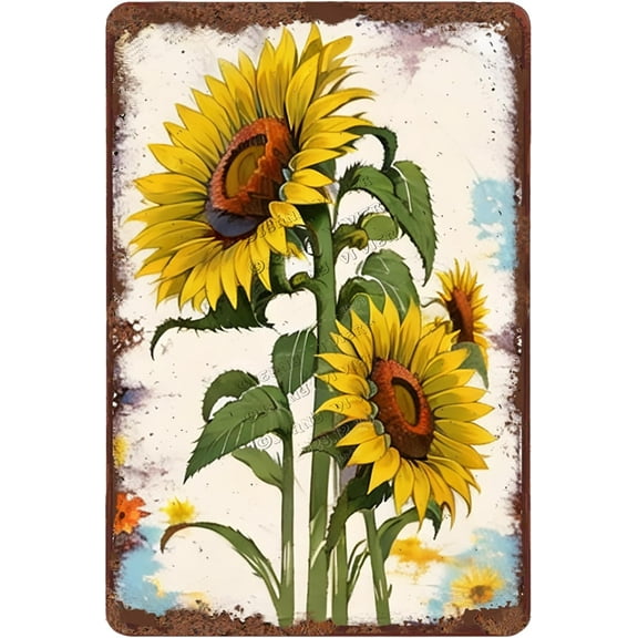 Sunflower Rustic Farmhouse Metal Flower Wall Decor Outdoor Boho Art, 12x8 In Retro Aluminum Sign,Decorative Tins for Cafes Club Pub Bar Wall Decor, Tin Garden Sign, Coffee Bar Sign