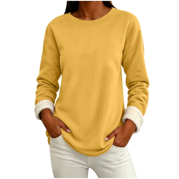 Fleece Lined Sweatshirt Women Thick Warm Crew Neck Solid Print Long Sleeve Pullover Tops