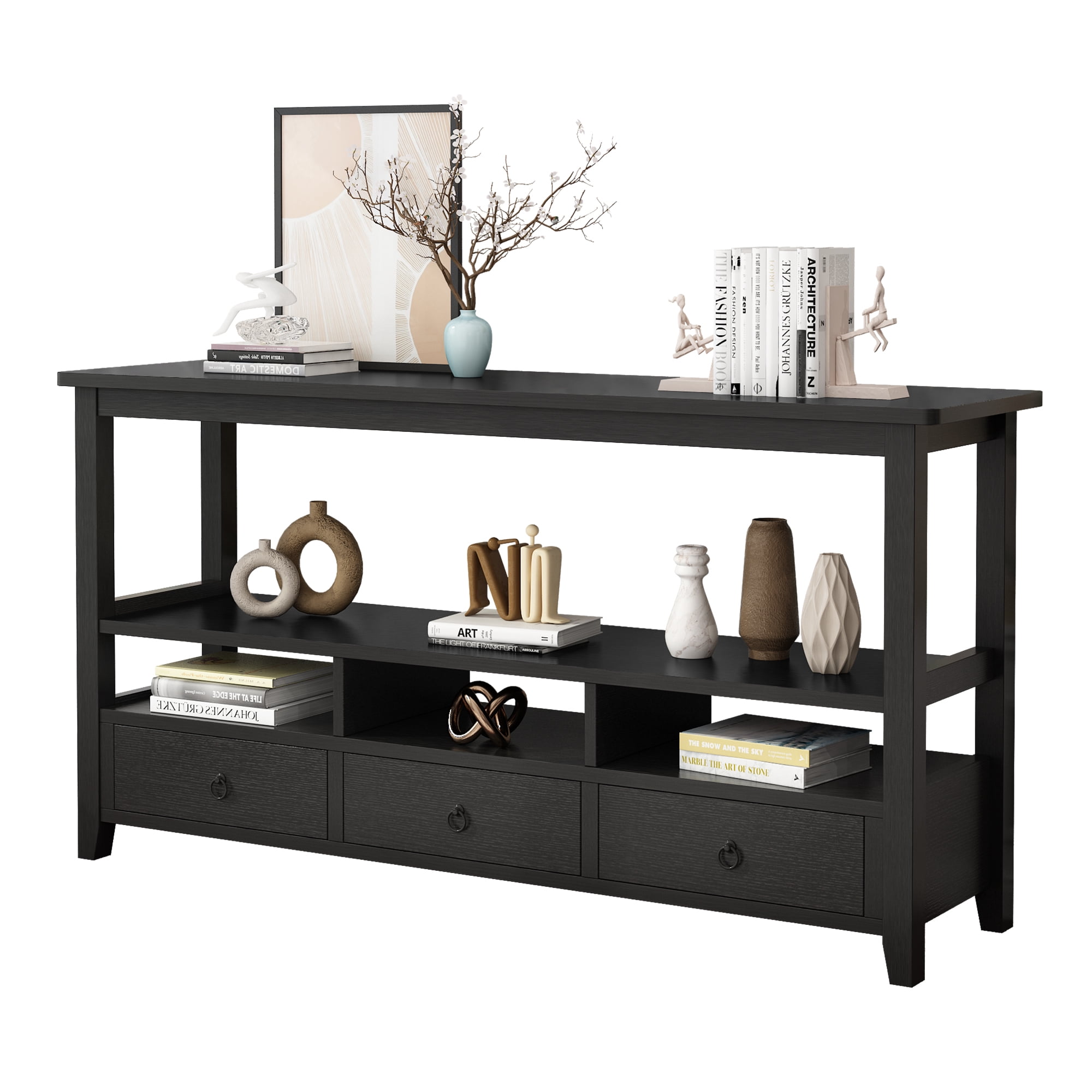 Zimtown Entryway Console Table for Living Room with 3 Drawers and Shelves, Long Sofa Table Entryway Table TV Stand for Hallway, Foyer, Home, Black