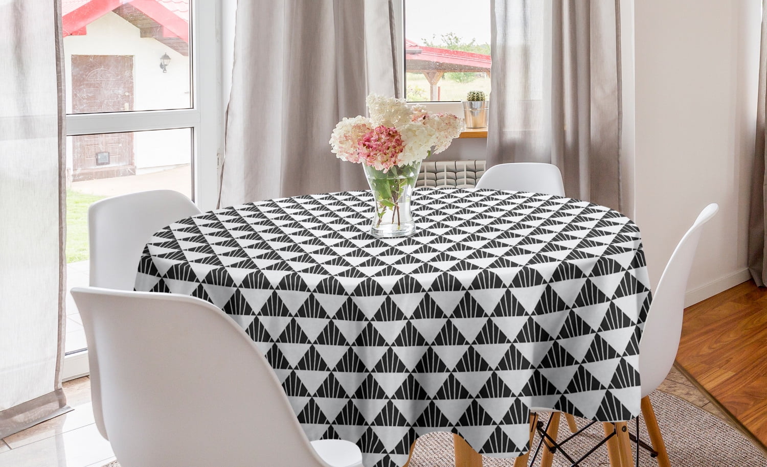 Abstract Round Tablecloth, Art Deco Inspired Triangles Stripes Motif