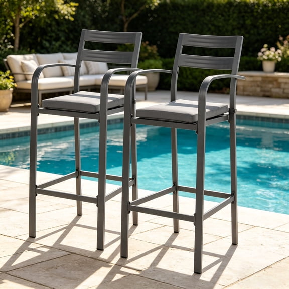 Ktaxon Set of 2 Outdoor Bar Stools, Aluminum All-Weather with Cushion for Patio Backyard Poolside Gray