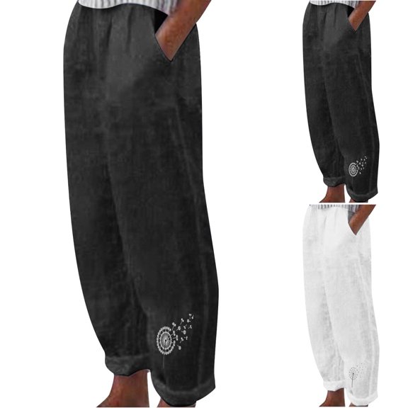 Lovzfmll Women's Wide Leg Pants, Printed Linen Elastic Waist, Casual Ankle Length Pants Black, S