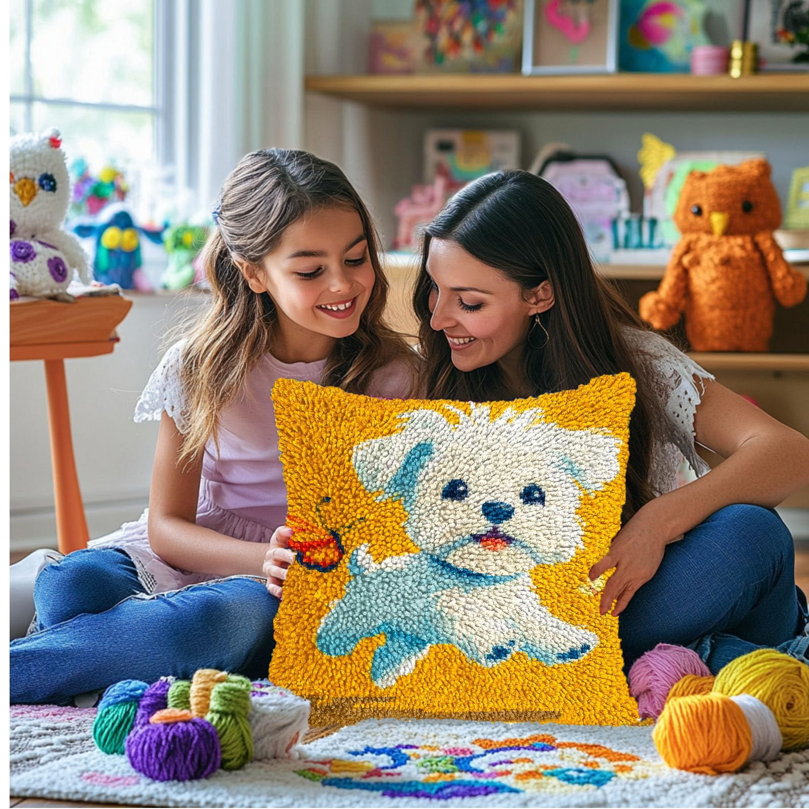 DIY Latch Hook Pillow Kits for Adults Cute Maltese Dog Chasing Butterfly Printed Pillowcase Crochet Yarns Hooking Handmade Pillow Cover Cushion for Home Sofa Decor 17x17inch(3)