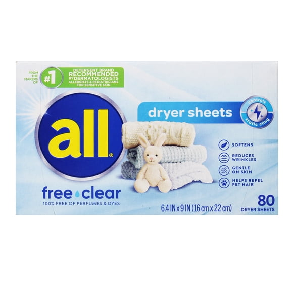 (9 pack) all Fabric Softener Dryer Sheets for Sensitive Skin, Free Clear, 80 Count