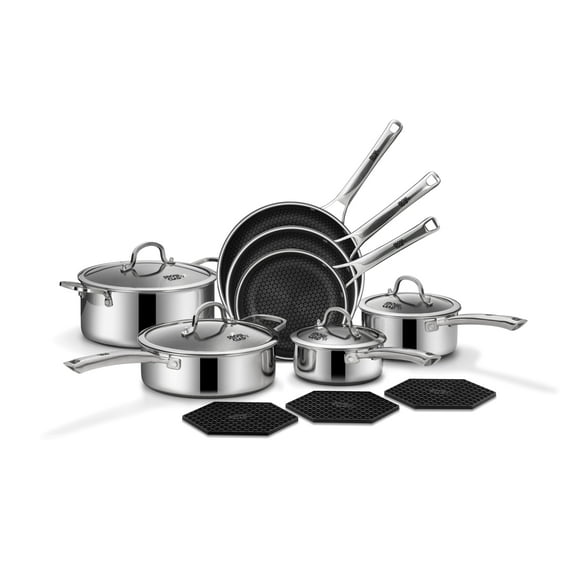 Juego de ollas y sartenes SNOWCLAD antiadherentes, 14 piezas de utensilios de cocina híbridos de acero inoxidable, sartenes antiadherentes, cacerolas, sartenes y ollas, sartén de cocina sin PFOA, comp