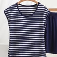 thumbnail image 4 of WRKEKC Summer Pajama Set for Women Soft Striped Knit Round Neck Short Sleeve and Shorts Set Casual Sleepwear for Summer, 4 of 5