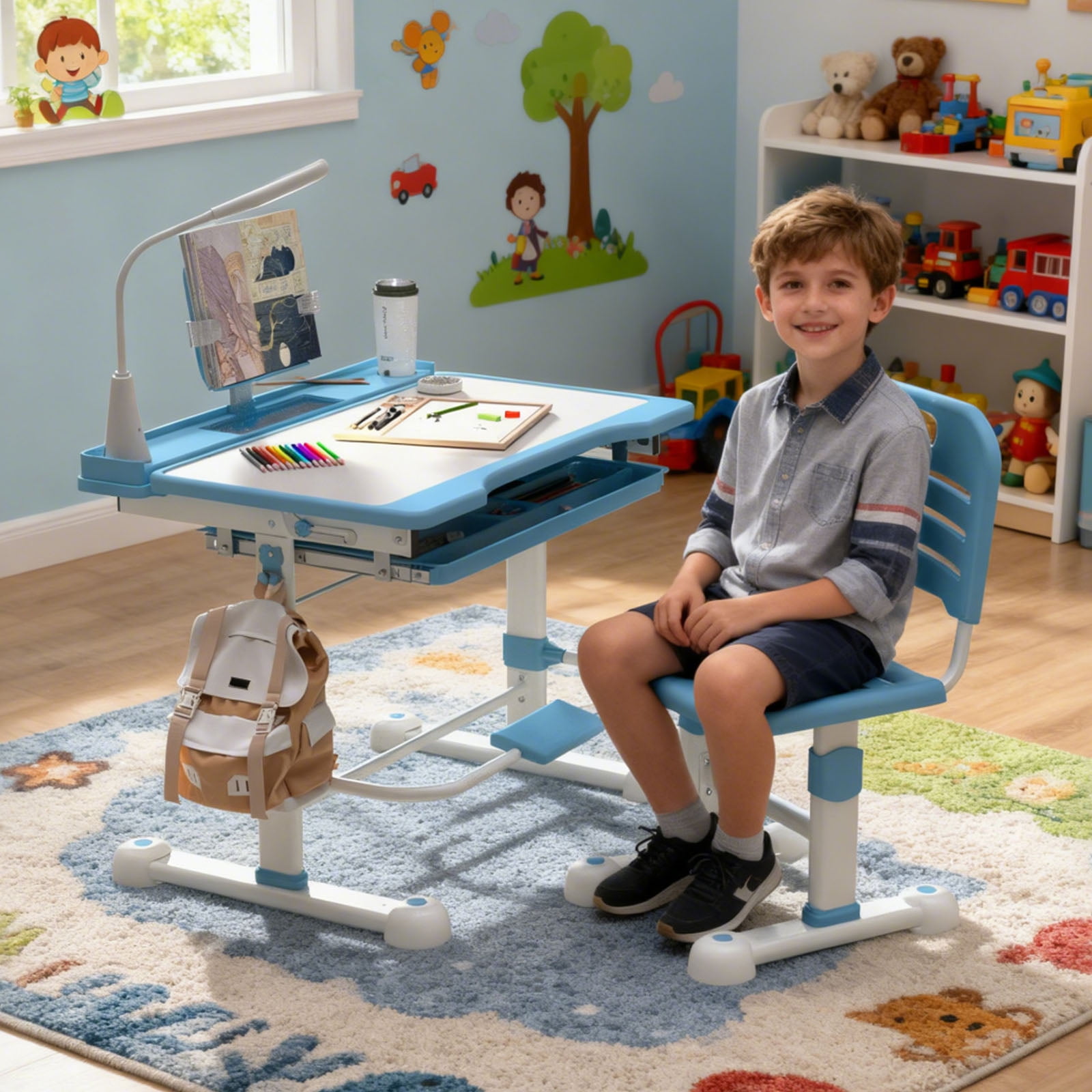 Kids Adjustable Desk & Chair Set with LED Light & Tilt Top, Study Table with Drawer & Bookstand, Blue