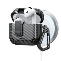 ELEHOLD Rugged AirPods Case For Airpods 4th Gen, Magnetic Charging Support Carbon Fiber Texture Safety Lock Shockproof Protection Case with Carabiner Clip,Black