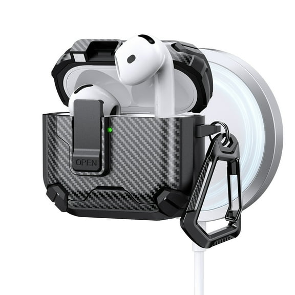 ELEHOLD Rugged AirPods Case For Airpods 4th Gen, Magnetic Charging Support Carbon Fiber Texture Safety Lock Shockproof Protection Case with Carabiner Clip,Black