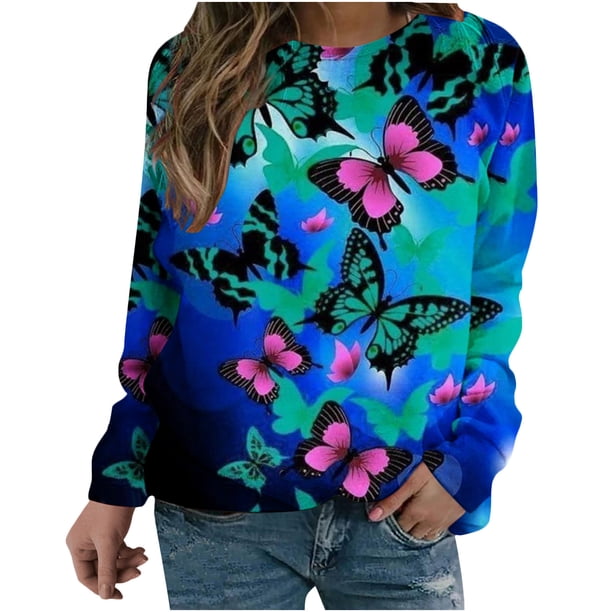 Camisas informales de manga larga para mujer, jersey con estampado de mariposa, Tops, jersey de cuello redondo, túnica holgada con estampado de puesta de sol Pompotops gfhjh17483
