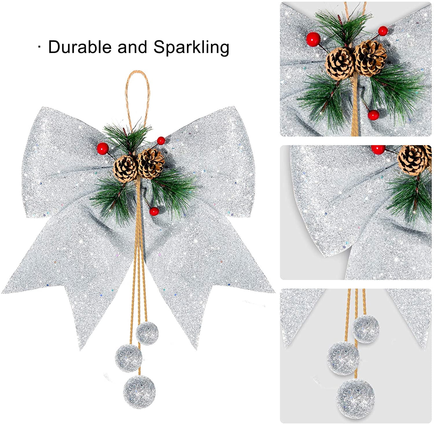 Whaline 4pcs Christmas Bow, Silver Wreaths Bows, Large Glitter Ribbon Bow Tie, Large Xmas Bows, Wreath Ornament Decor for Christmas Tree Party Gift, 9.8 x 11.8
