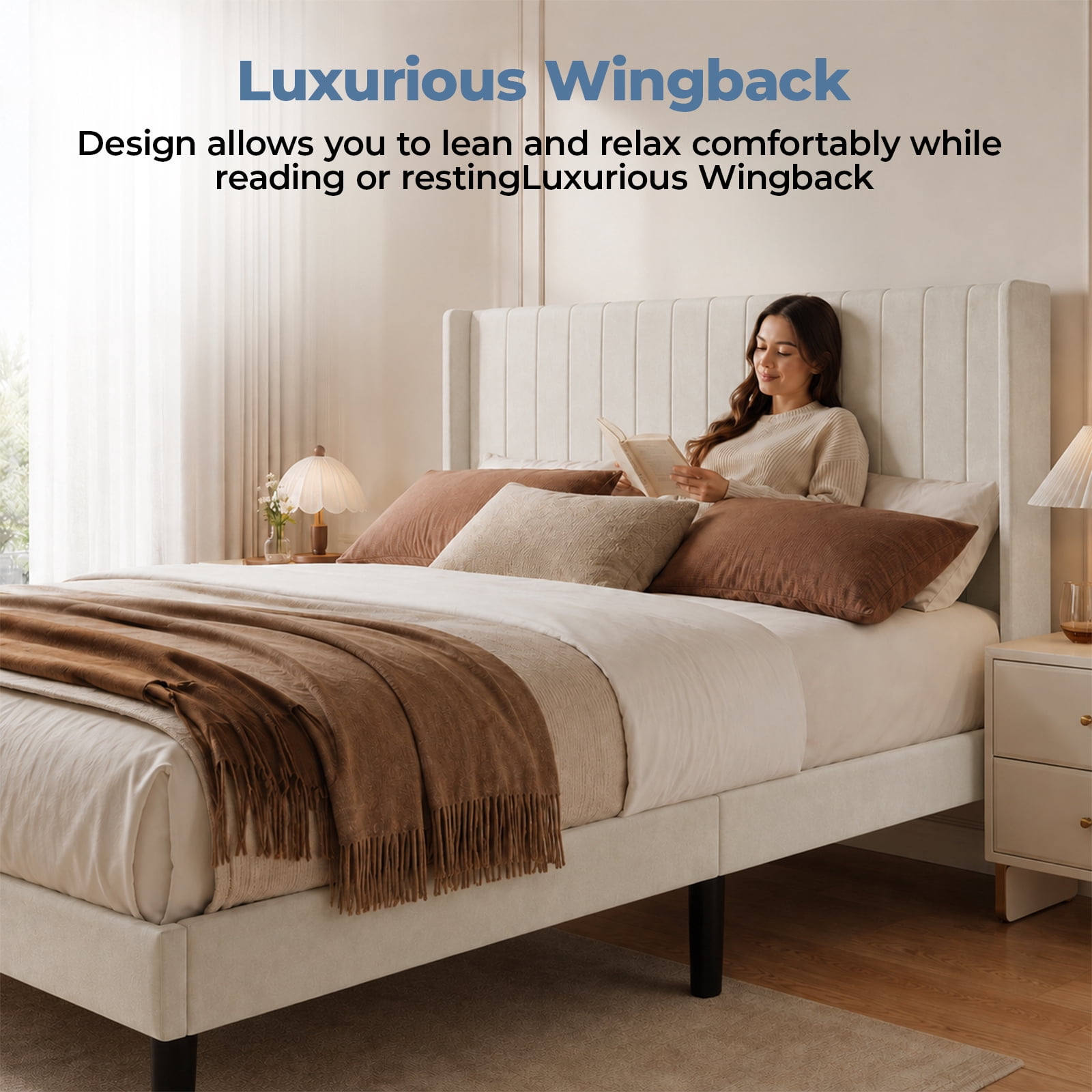 Alvantor Upholstered Bed Frame, Fabric-covered Wing-shaped Headboard and Wooden Crossbars, Bed Frame with Storage Space, Easy Assembly, Noise Free, No Box Spring Needed