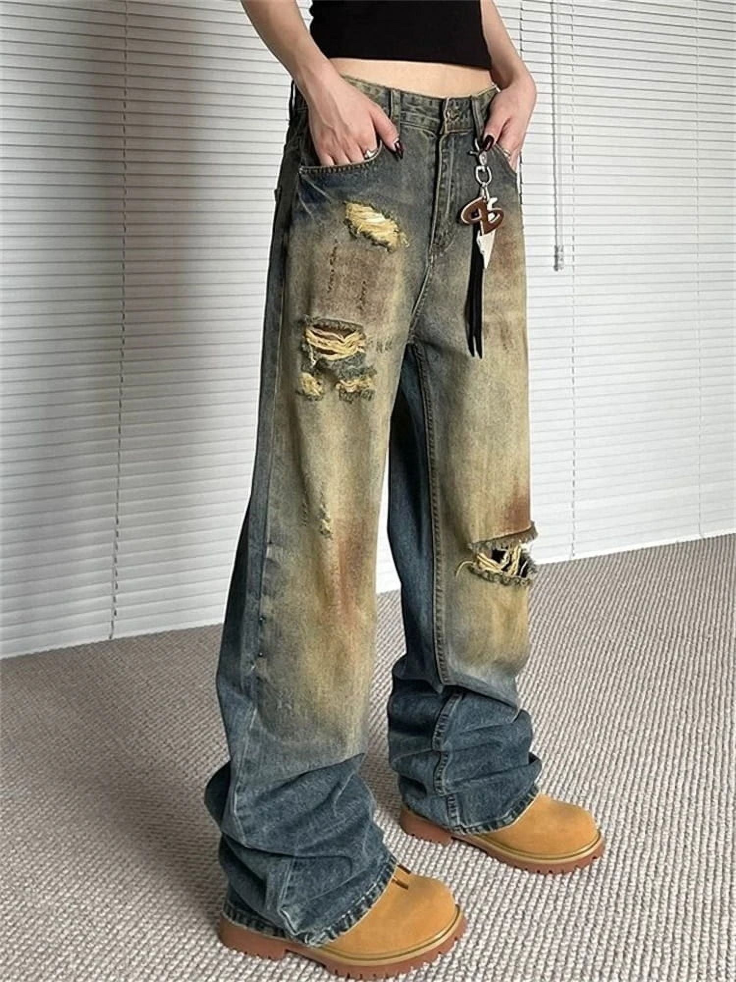 HLSOHJP Women's Dirty Old Design Holes Jeans Vintage Street