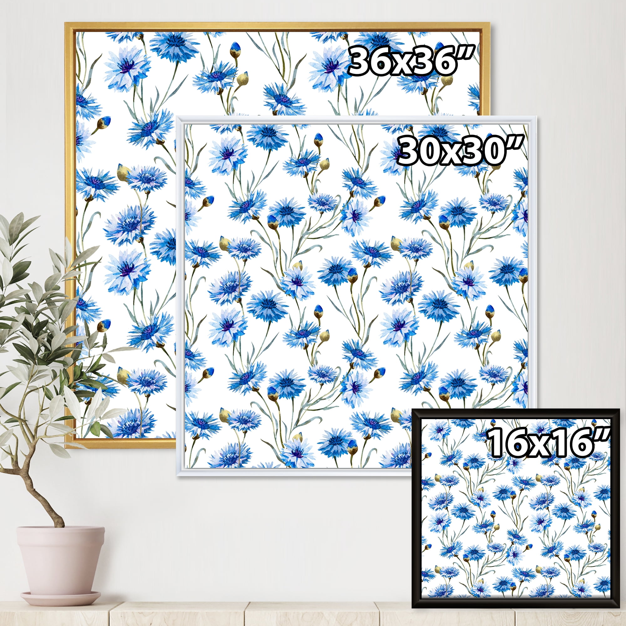 Designart 'Blue Cornflowers With Green Leaves On White II' Traditional Framed Canvas Wall Art Print