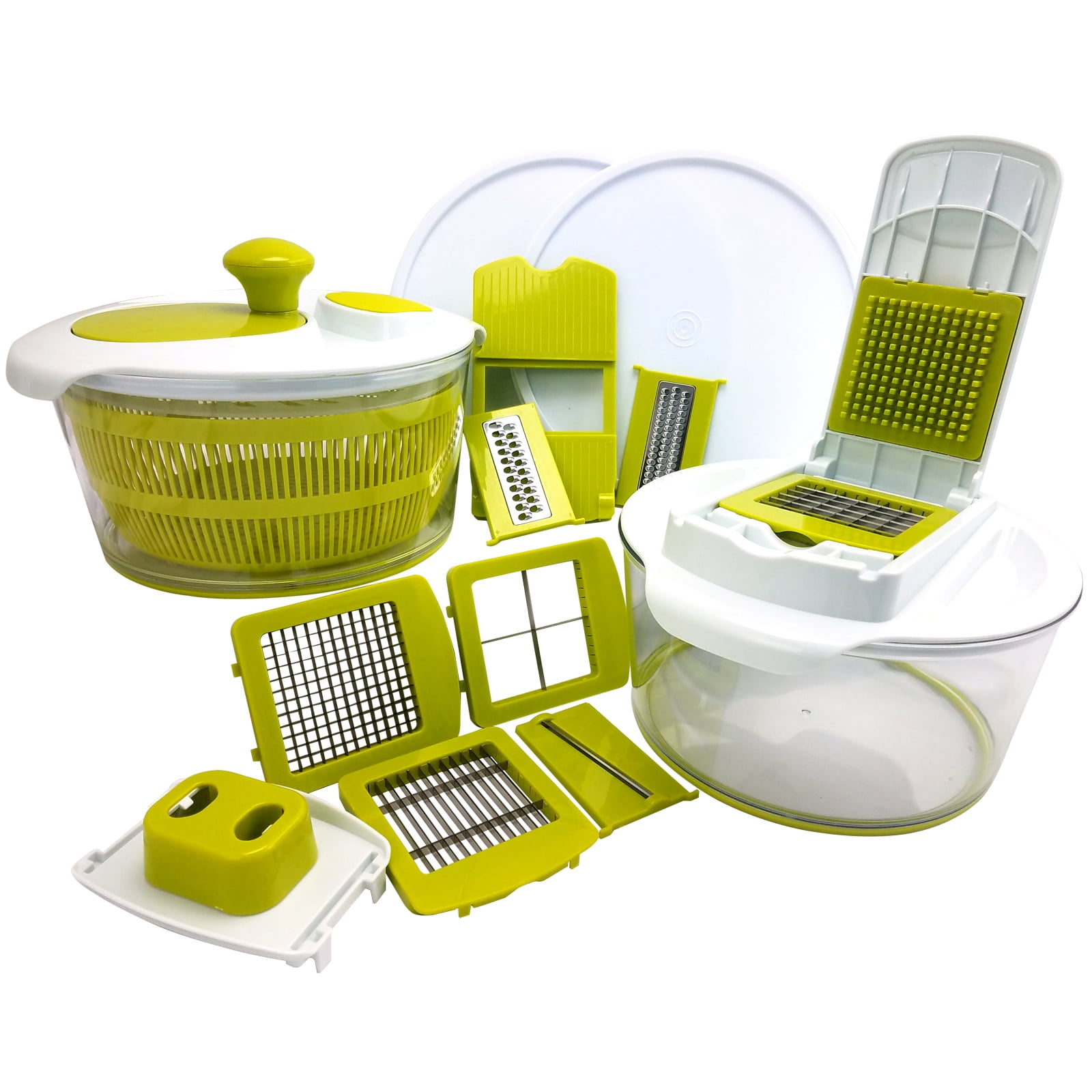 MegaChef 10-in-1 Multi-Use Salad Spinning Slicer Dicer and Chopper with Interchangeable Blades and Storage Lids