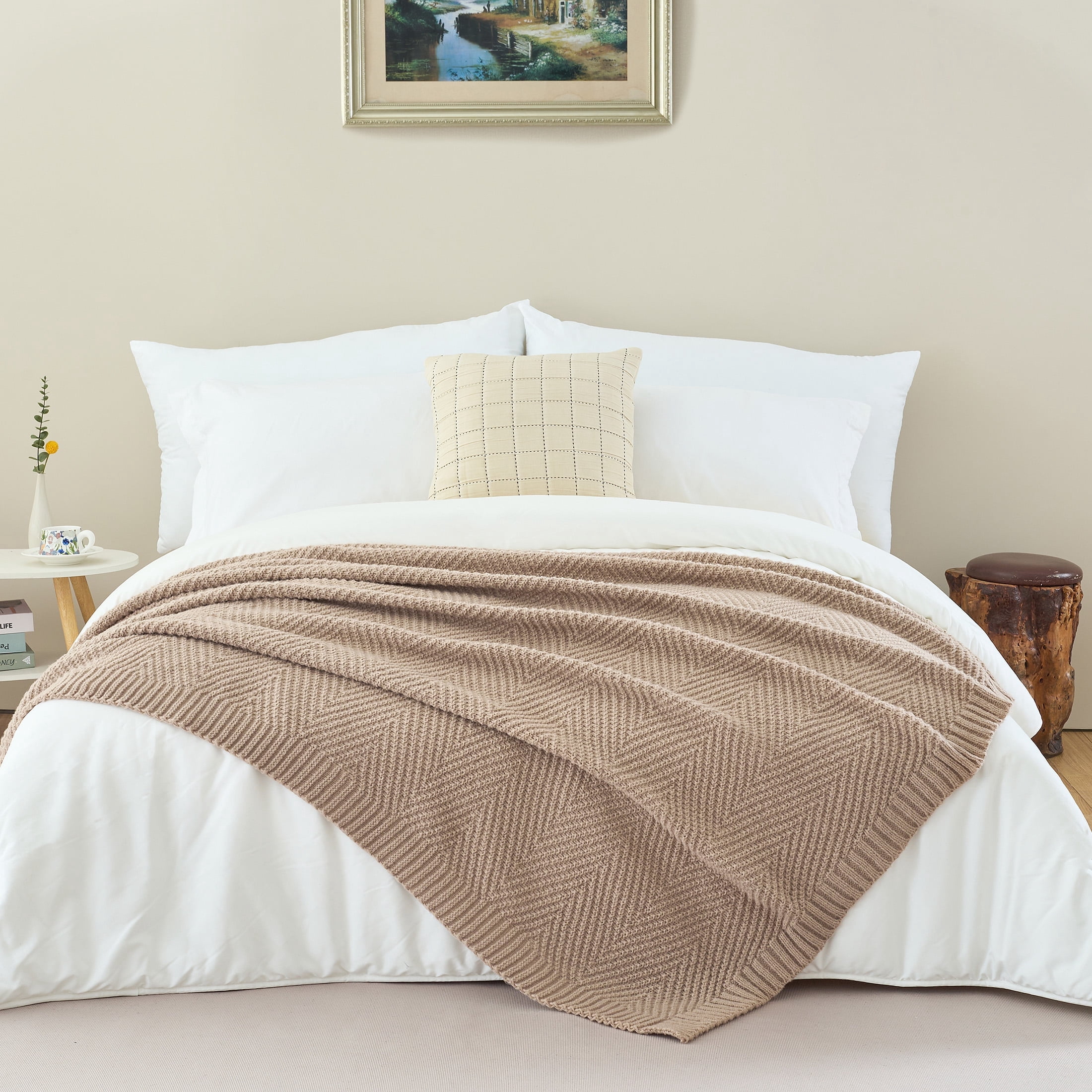 LONG CREATE Soft Knitted Throw Blanket 50" x 60" Taupe, Boho Chevron Farmhouse Throw for Bed Couch