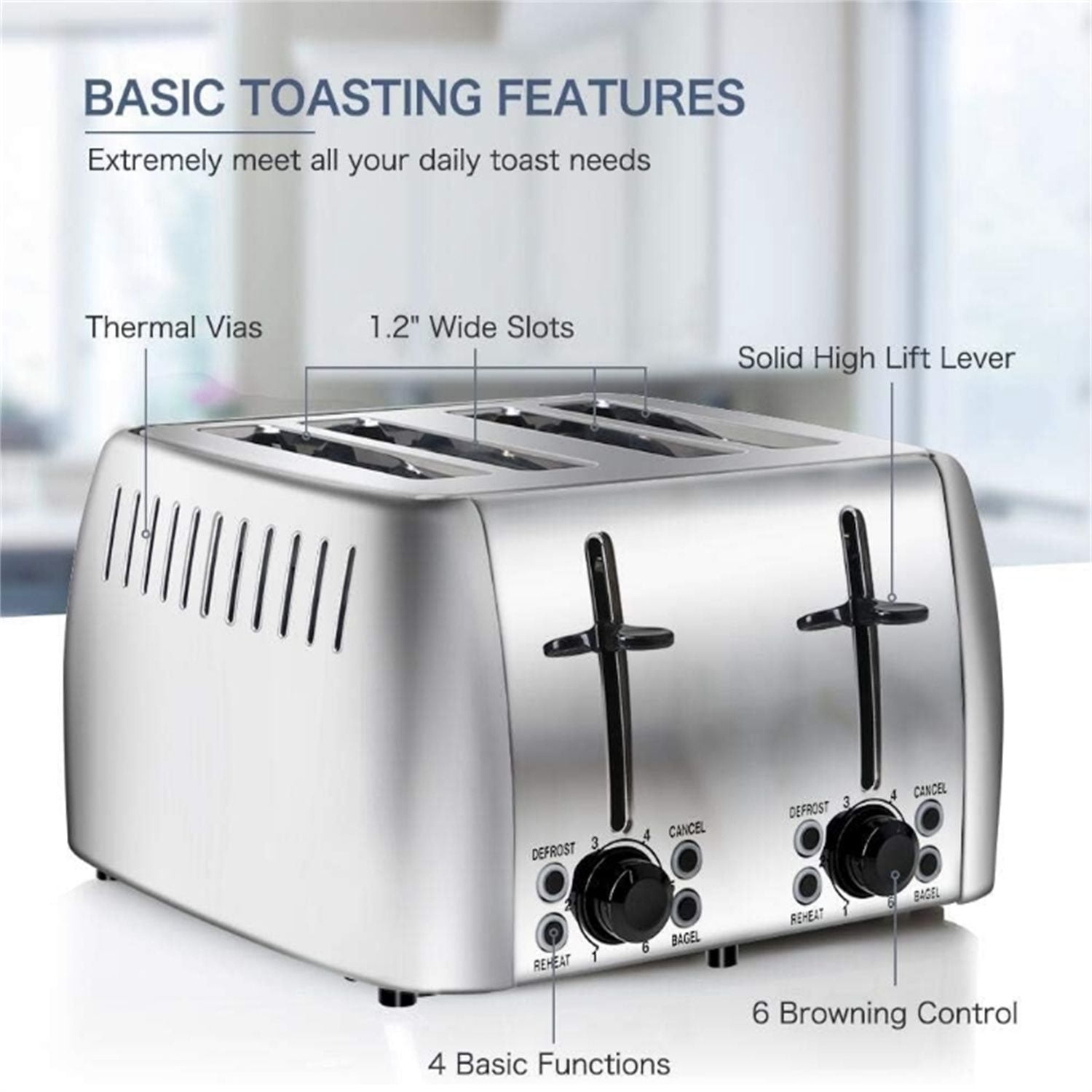4 Slice Stainless Steel Bagel Toaster Extra Wide Slots with 6 Browning Setting, Bagel/Reheat/Defrost/Cancel Function for Toasting Bread, Bagels and Waffles, 1500W, Silver