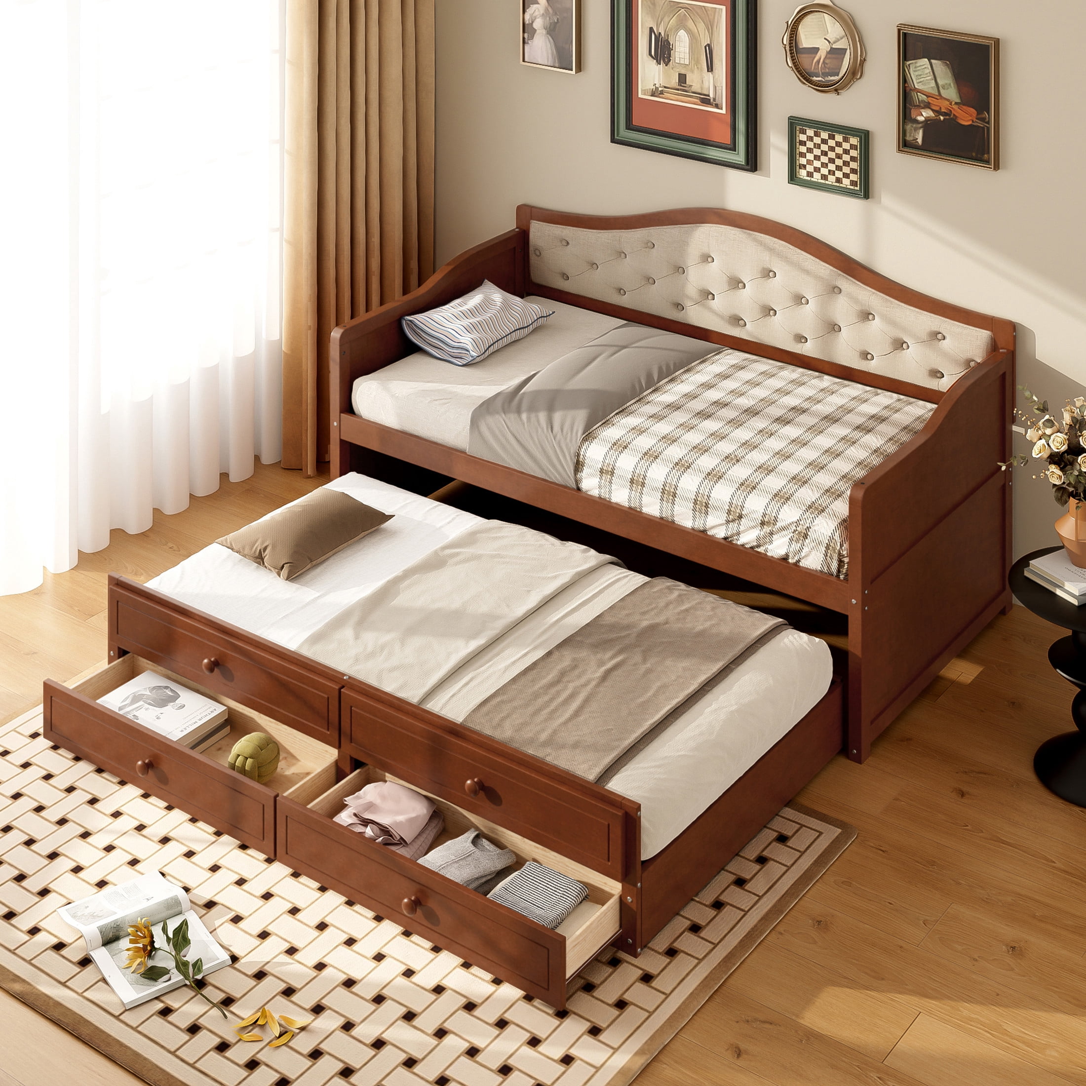 Noble House Twin Daybed with Trundle, 2 Storage Drawers, Upholstered Tufted Backrest, Walnut