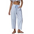 thumbnail image 1 of Delayuji Women's Linen Pants Striped Cropped Pants Casual High Waist Loose Fit Summer Beach Pants With Pockets Beach Vacation Clothing, 1 of 5