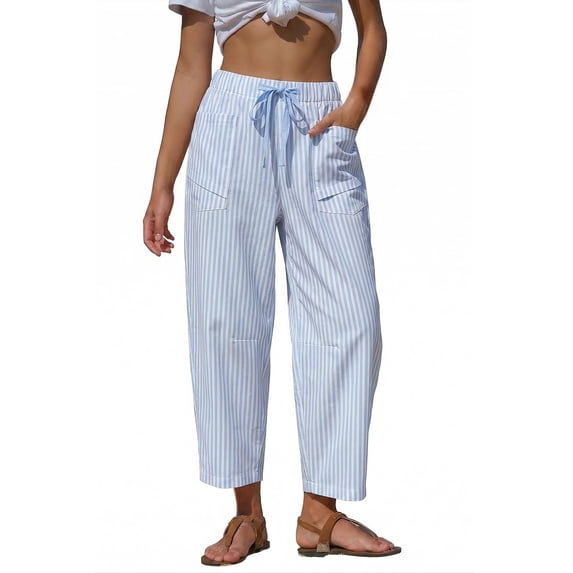 Delayuji Women's Linen Pants Striped Cropped Pants Casual High Waist Loose Fit Summer Beach Pants With Pockets Beach Vacation Clothing
