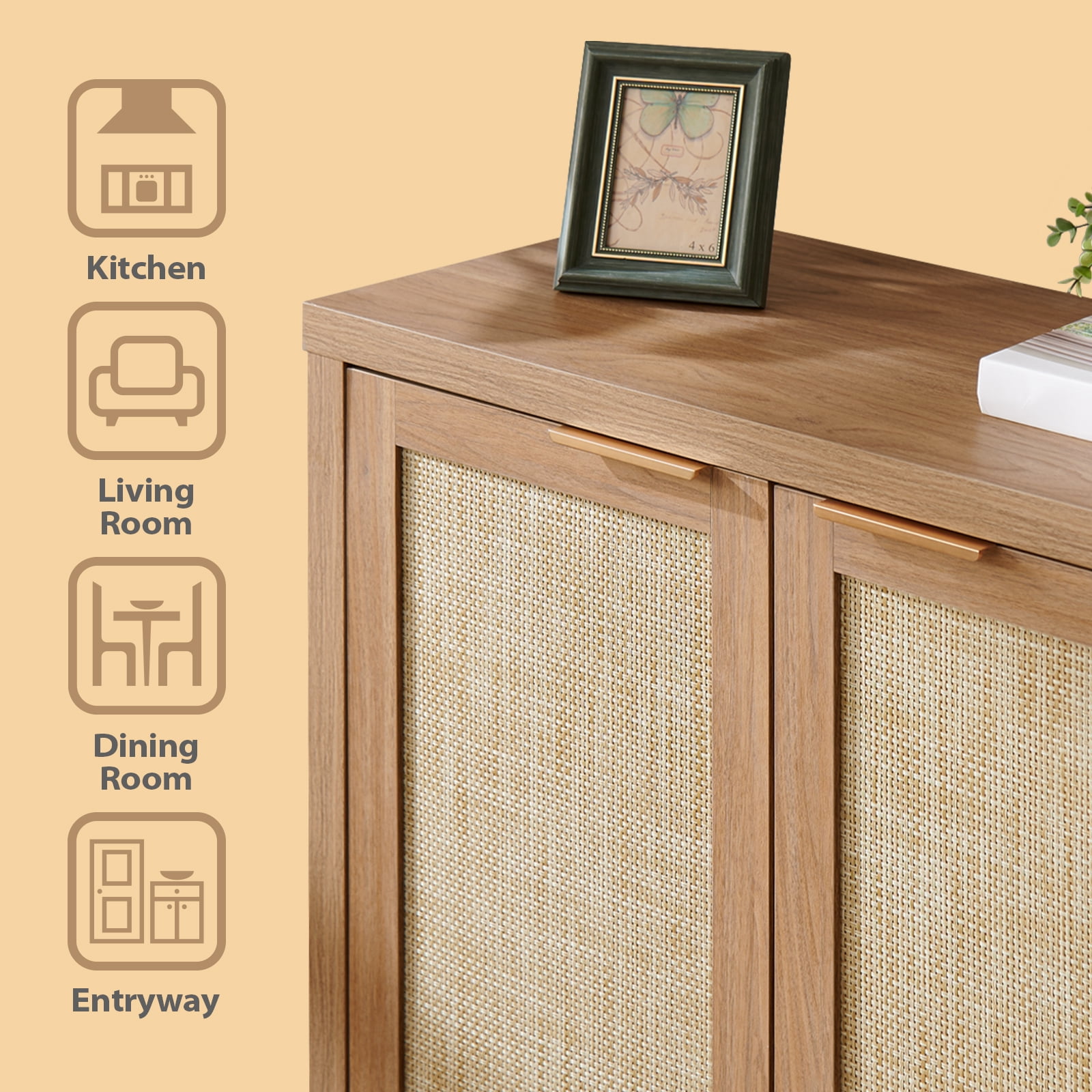 ARKANTOS Sideboard Buffet Cabinet with Large Storage, Boho Rattan Coffee Bar Cabinets with Adjustable Shelves, Buffet Console Table for Kitchen Living Room Hallway, Oak